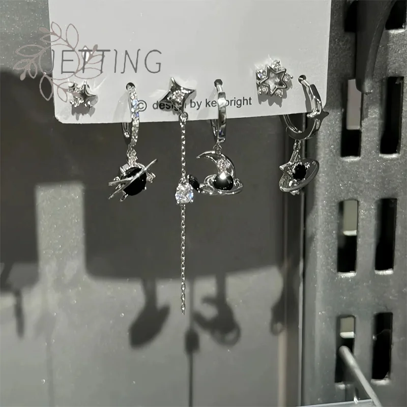 (SMTGDP11)6PCS SET Goth Punk Vintage Aesthetic Crystal Heart Moon Cross Star Pendant Earrings For Men Women Grunge Y2K Jewelry