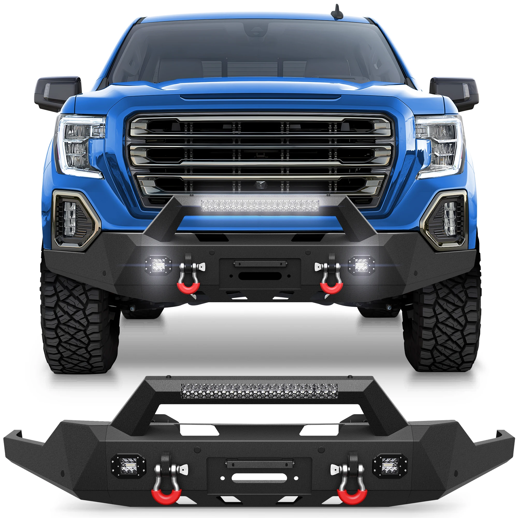 

Ulon New Product Front Bumper For 2019-2022 GMC Sierra 1500, With LED Lights & Sensor Holes & D-Rings, Textured Black Bumper
