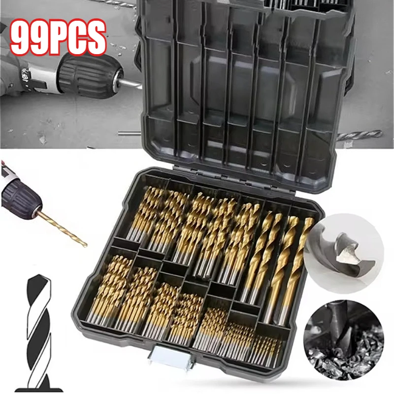 

Twist Drill Bit Set Anti-rust Wear Protection Round Shank Titanium Drill Bits Drilling Hole Tools for Metal, Wood Woodwork 99Pcs