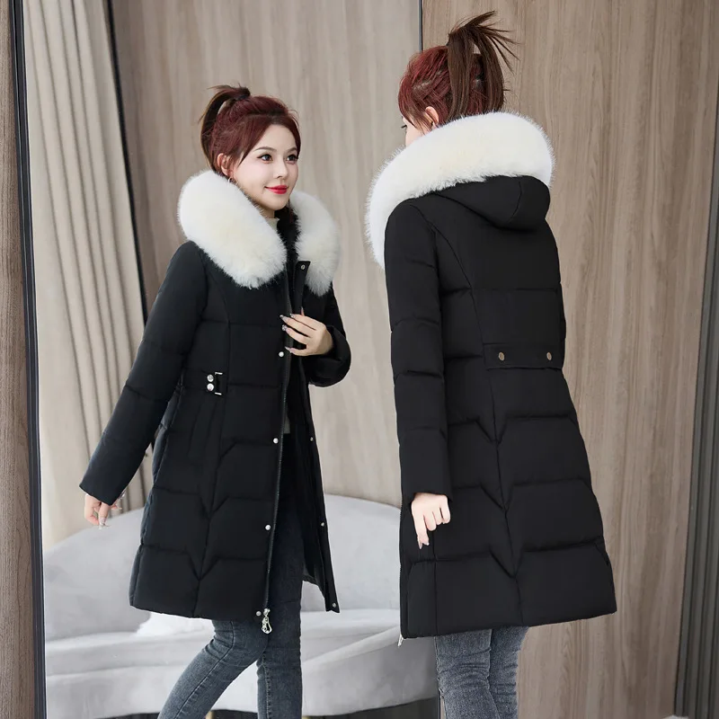 Winter 2024 New Women\'s Cotton Coat Large Collar Long Length Slim Fit Korean Style Down Cotton Padded Jacket Smooth Sihouette