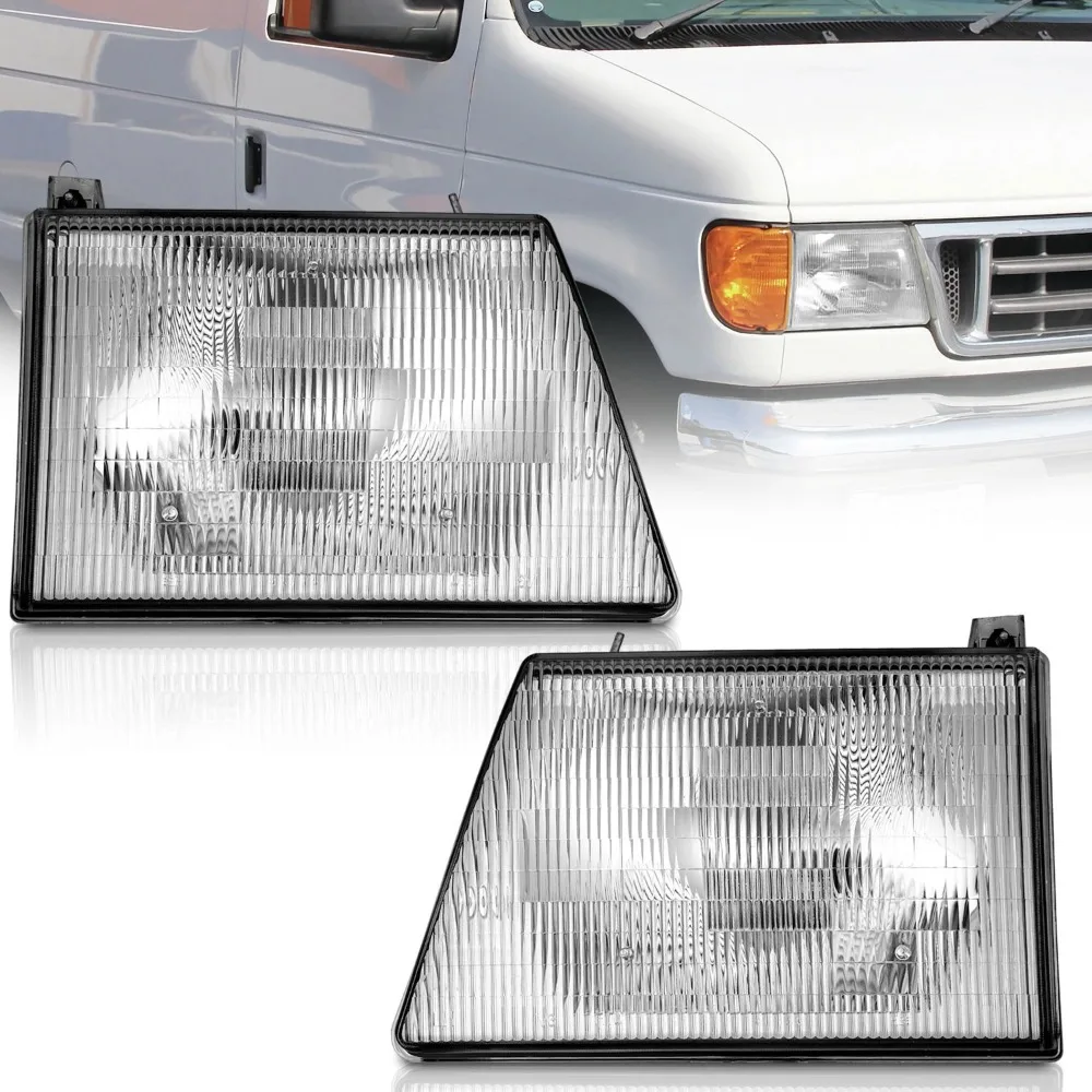 

Pair Headlights For 1992-1996 Ford E150 E250 E350 Econoline Van w/Bulbs L+R
