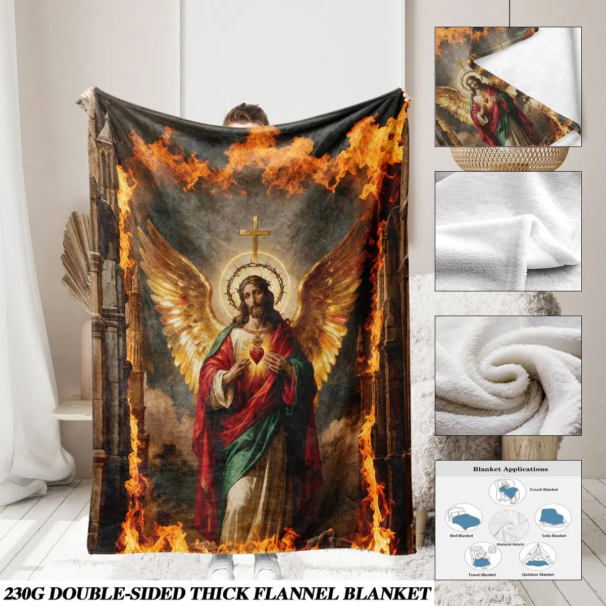 Sacred Heart of Jesus Religious Art Throw Blanket Christian Faith Spiritual Wall Decor Gift for Him Her