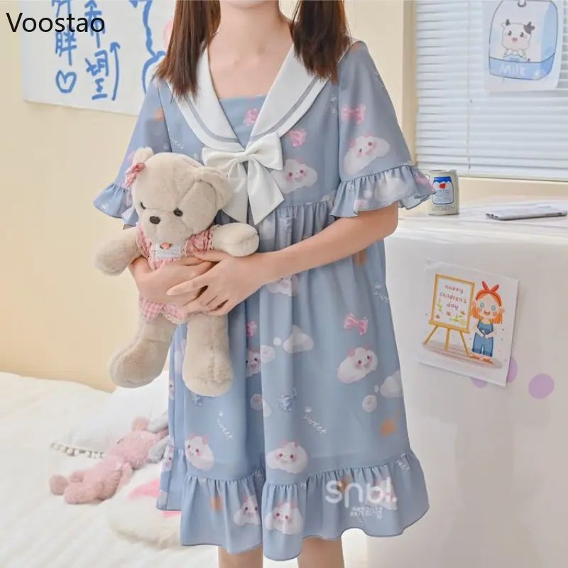 Japanese Kawaii Lolita Princess Dress Girls Cute Bow Sailor Collar Nightgown Cartoon Print Pajamas Summer Preppy Loose Homewear