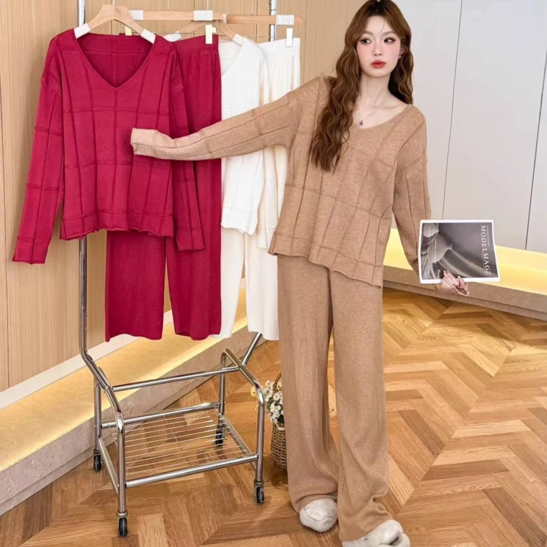 

Женские трикотажные брюки из двух предметов, комплект Y2k, клетчатый пуловер с v-образным вырезом и длинными рукавами, топ с широкими штанинами, повседневные брюки, осень 2023 г.