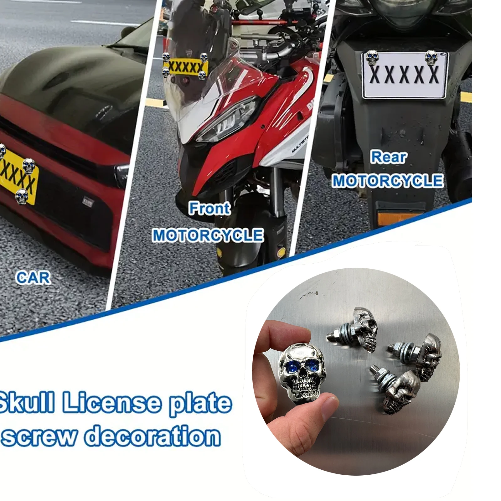 4Pcs Set Of Cool Skull License Plate Fasteners,  Blue Eyes Skull Set, Durable License Plate Fixation, Car Decoration