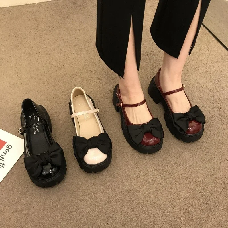 Jane Women\'s Shoes Dress Lolita Shallow Mouth Fashion 2024 New Chunky Butterfly Knot Round Head Outdoors