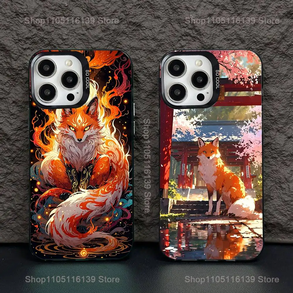 

Japanese Style Anime Fox Phone Case For iPhone 16,15,14,13,12,11,Pro,XS,Max,Plus,Mini,SE Black Candy Matte Shockproof Cover