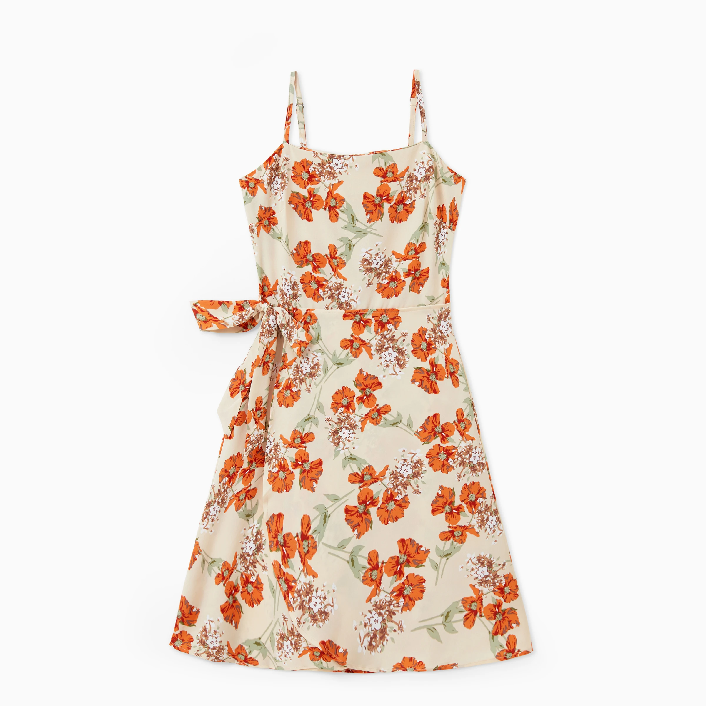 PatPat Mommy and Me Apricot Floral Tie Waist Shirred Back Strap Dresses