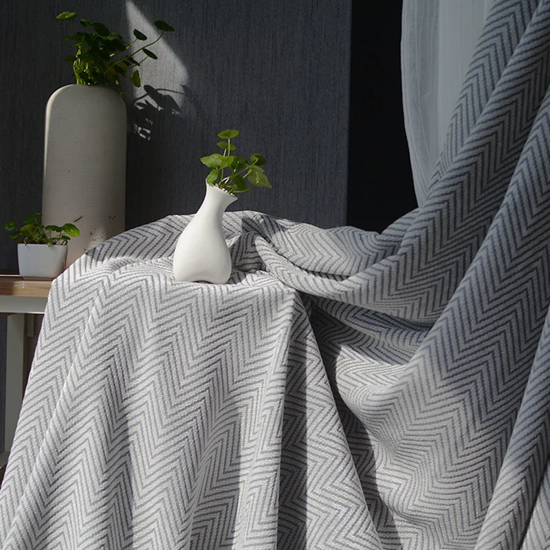 Nordic Light Luxury Curtains High-end Stripes Curtains Living Room Bedroom W Wave Chenille Cotton Linen Blackout Home Custom