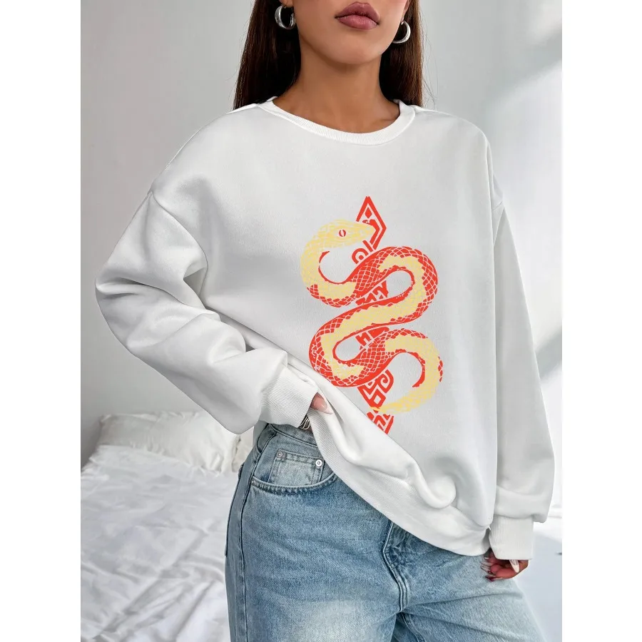 

Women Basic Casual Pullover Long Sleeve Red Snake Print Round Neck Spring Autumn