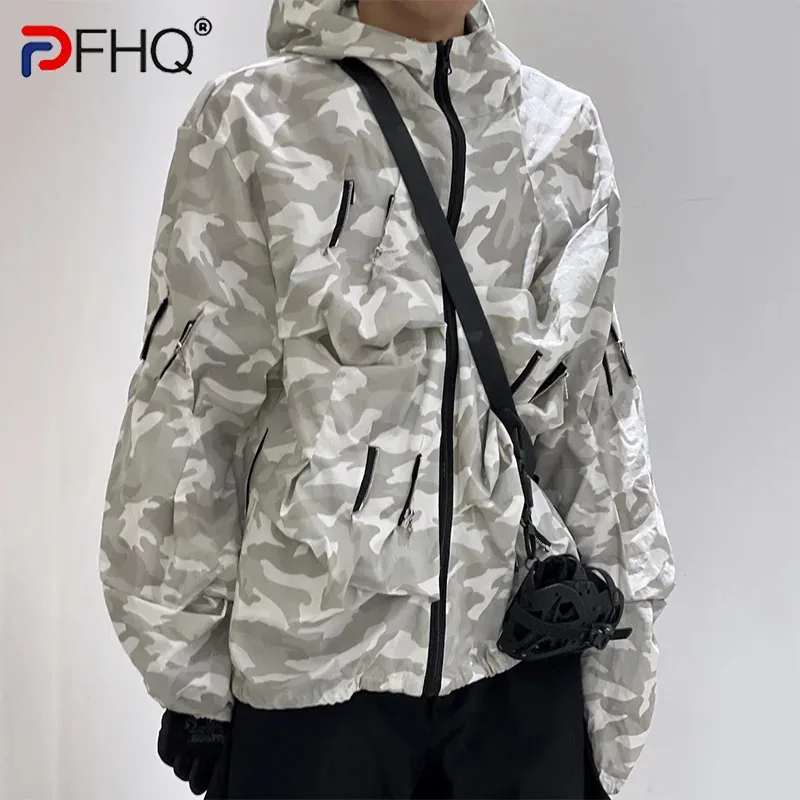 PFHQ Camouflage Hooded Pleated Design Men's Long Sleeved Sunscreen Summer Oversized 2024 Male Tops Fashion 21Z5935