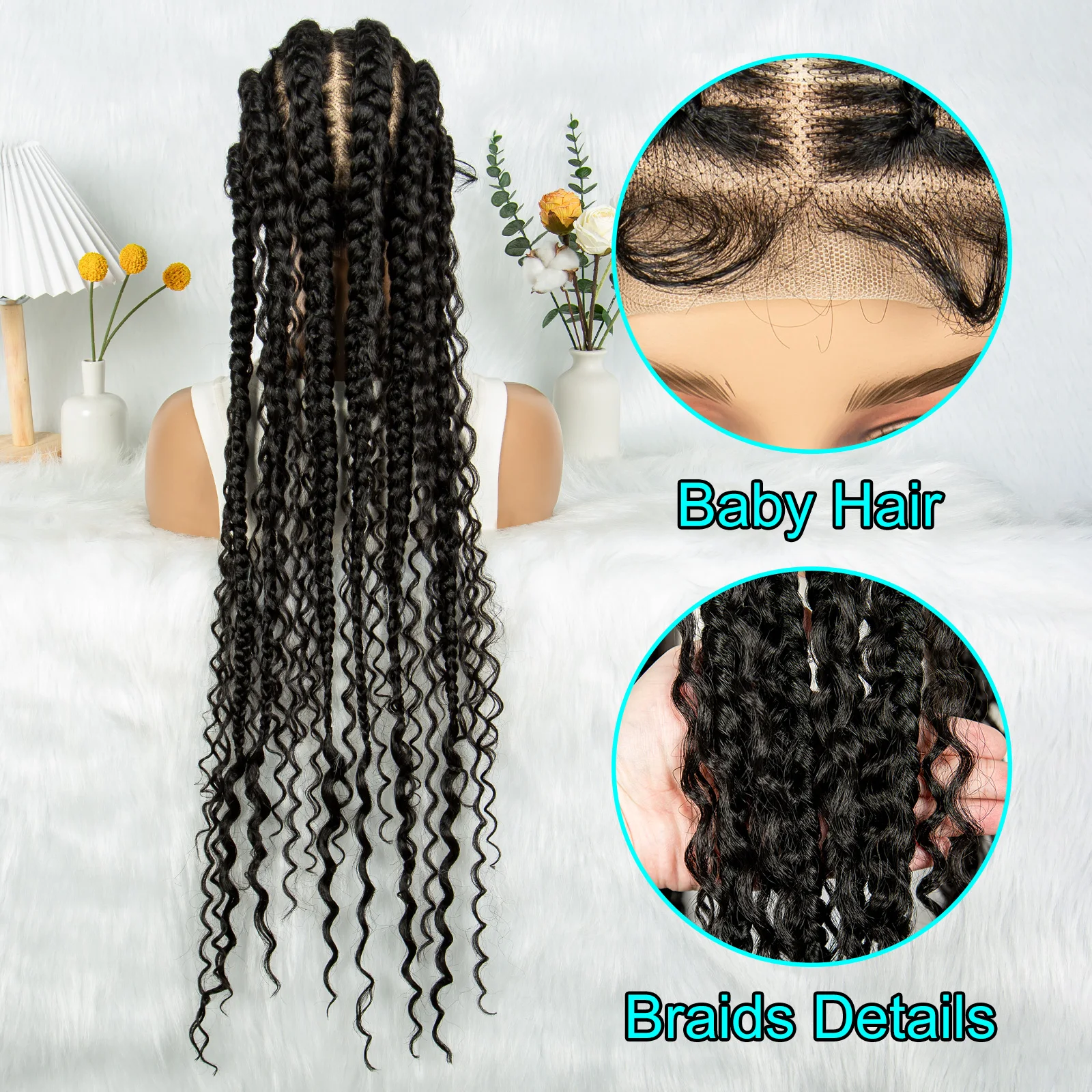 Kima Ghana Braided Wigs Full Lace Wig Synthetic Knotless Boho Braids Curly Add In  With Baby Hair For Black Women 32 inch