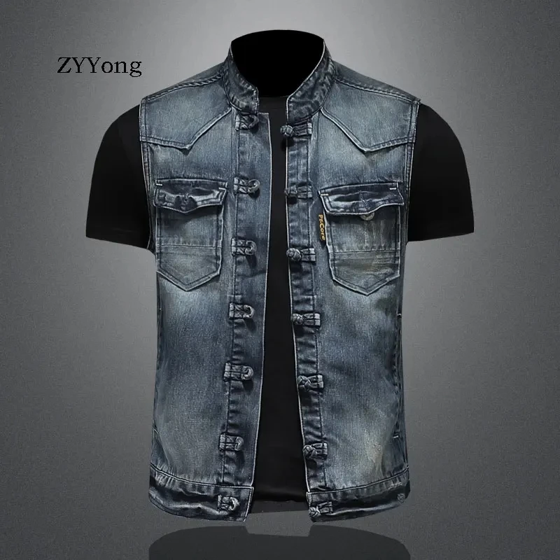 

2021 Summer Retro Lapel Single Breasted Cotton Black Slim Denim Vest Coat Men Waistcoat Jean Jacket Motorcycle Gilet Homme