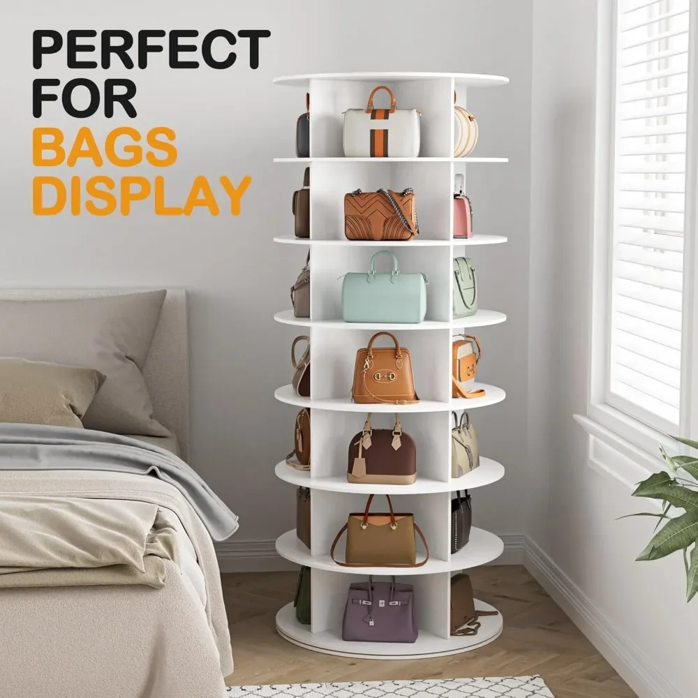 Rotating Shoe Rack Tower 7 Tier Organizer, Vertical Spinning Shoe Display Lazy Susan, Revolving 360 White Shoe Rack
