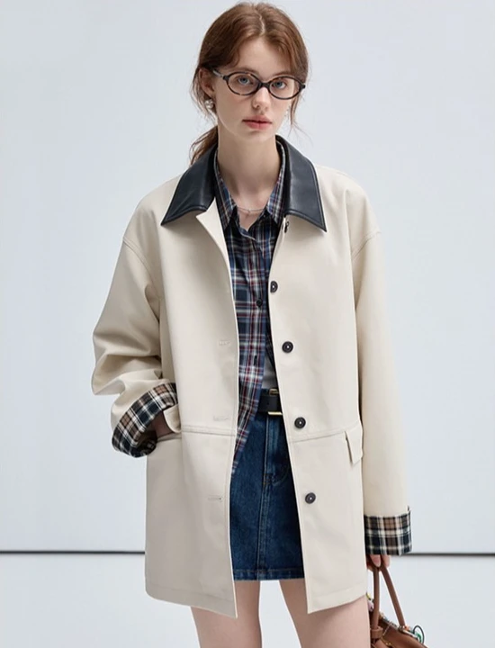 

2025 Autumn New French Elegant Fashion High-street Short Windbreaker Women Color Block Lapel Single-breasted PU100% Coat Jacket