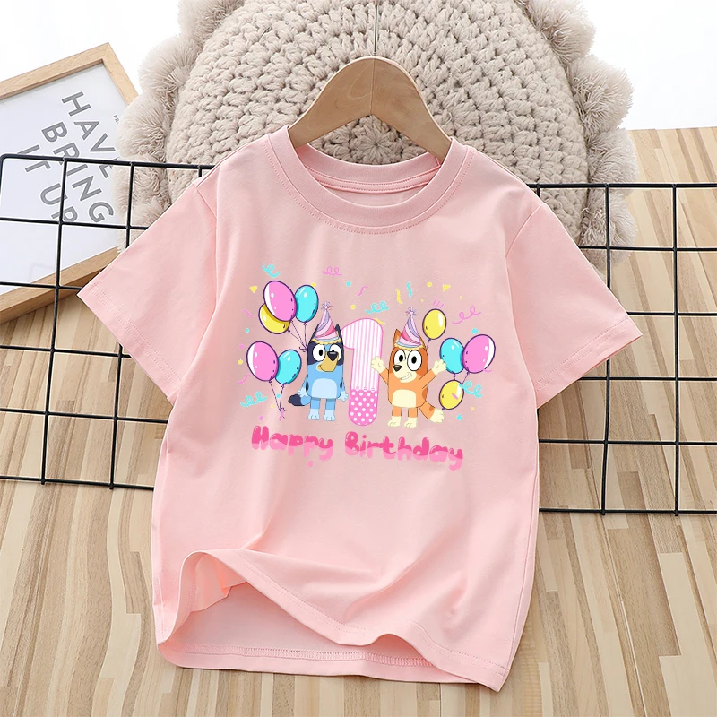 Blueyi Children Short Sleeve T-shirt Cartoon Birthday Numbers Print Pink Pullover Boys Girls Summer Casual Warm Tops Kids Gifts