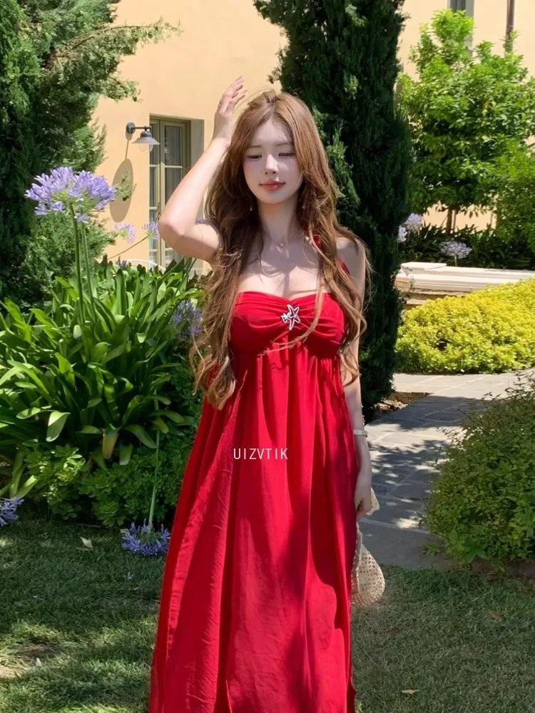 Sommer Rot Elegan Sexy Unregelmäßige Rüschen Party Abendkleid Frauen Schlank Ärmellose Backless Lange Kleider Urlaub Strand Robe