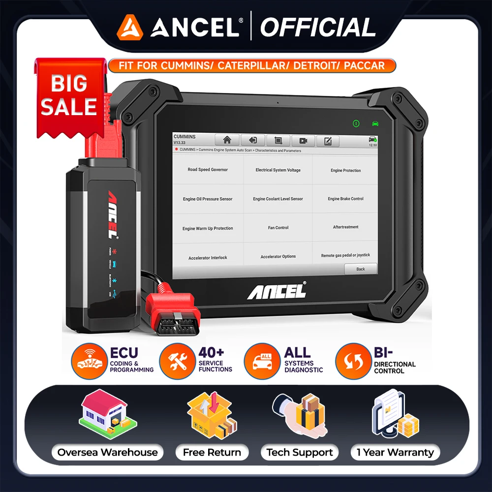

ANCEL V6 HD Heavy Duty Truck Scanner Diesel Diagnostic Scan Tool 40+ Resets ECU Coding DPF Regen for Cummins Caterpillar Paccar