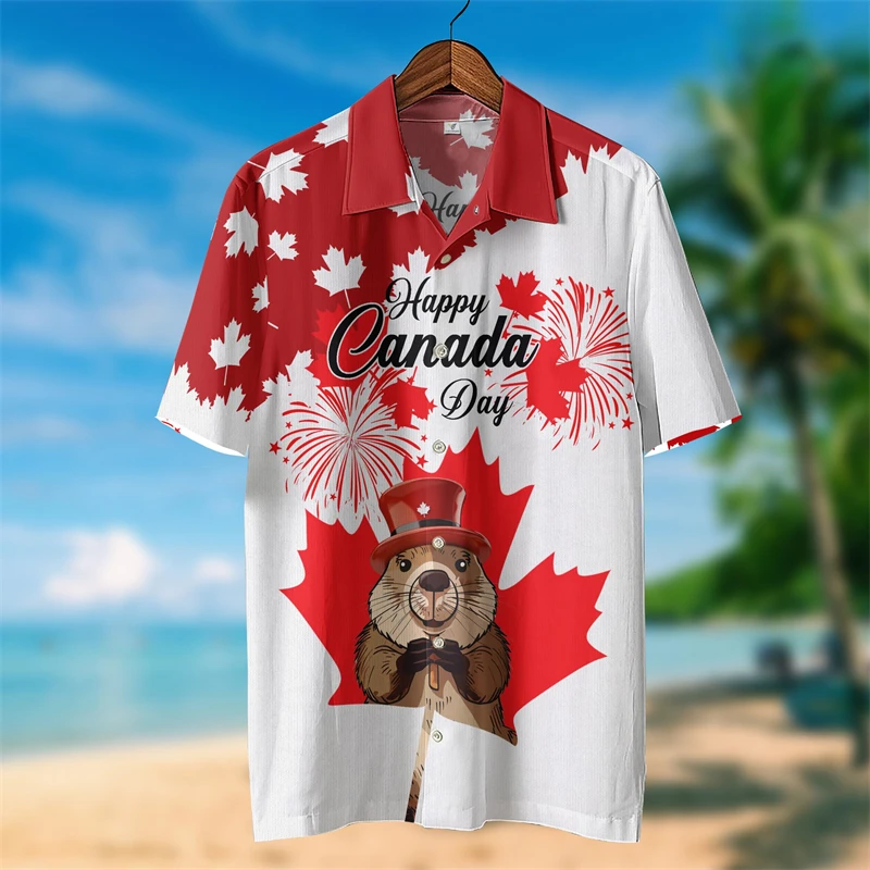 Happy Canada Day 3D Printed Shirts For Men Clothes Fashion Squirrel Maple Leaf Lapel Blouse Canadian Patriotic Blouses Dog Tops