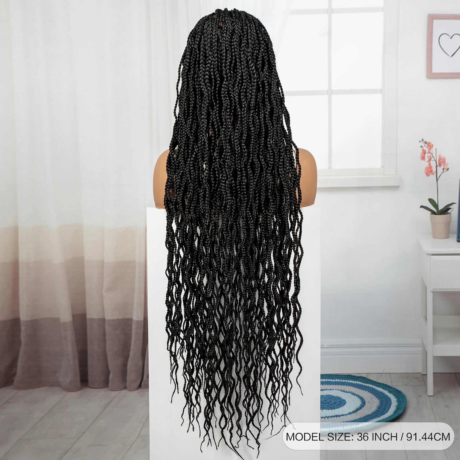 Parrucche con trecce a scatola piena in pizzo con capelli da bambino Parrucche frontali in pizzo HD intrecciate Boho sintetiche con trecce ricci per donne nere 36 pollici