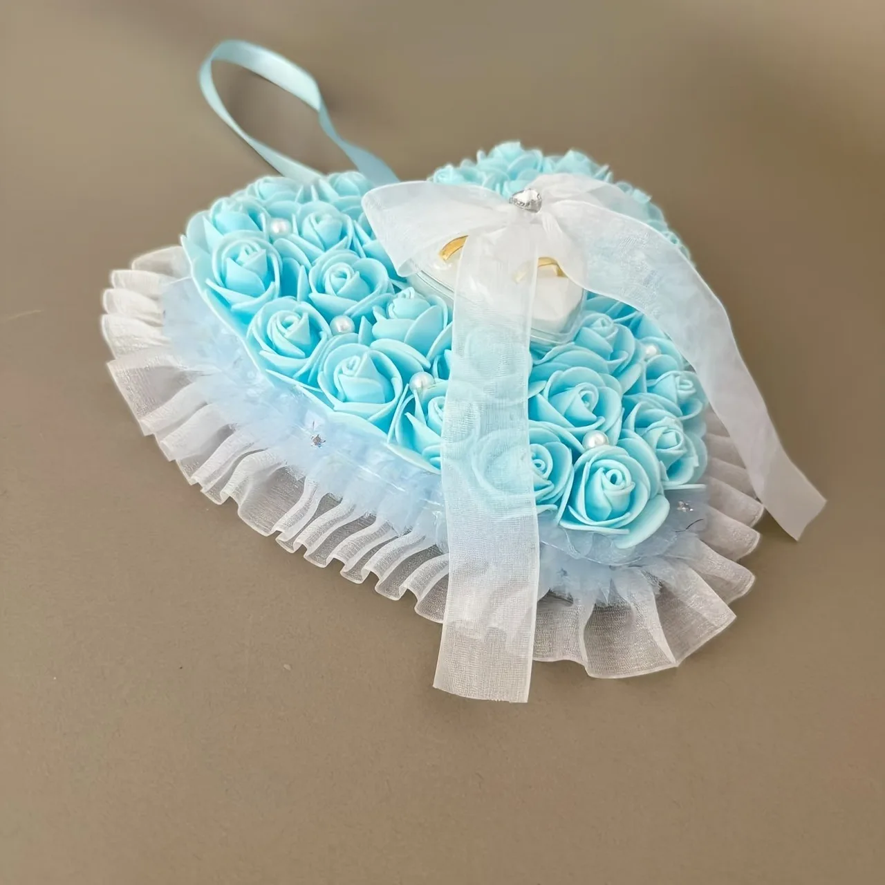 블루 하트 웨딩 링 베개 - 공주 스타일 충전 폼 패드, 프로포즈, 약혼, 발렌타인 데이 및 크리스마스