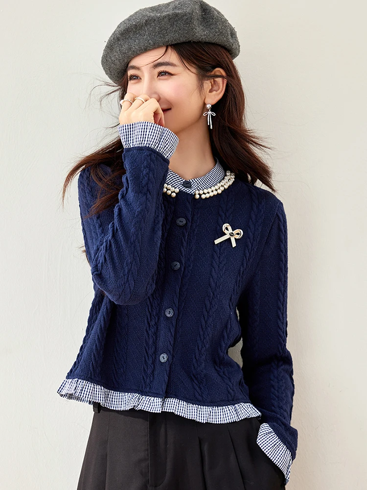 

Fake Two Pieces Knitted Sweater Cardigan Women Autumn New Vintage Preppy Style Chic Casual Tops Female Simple Solid Color Tops