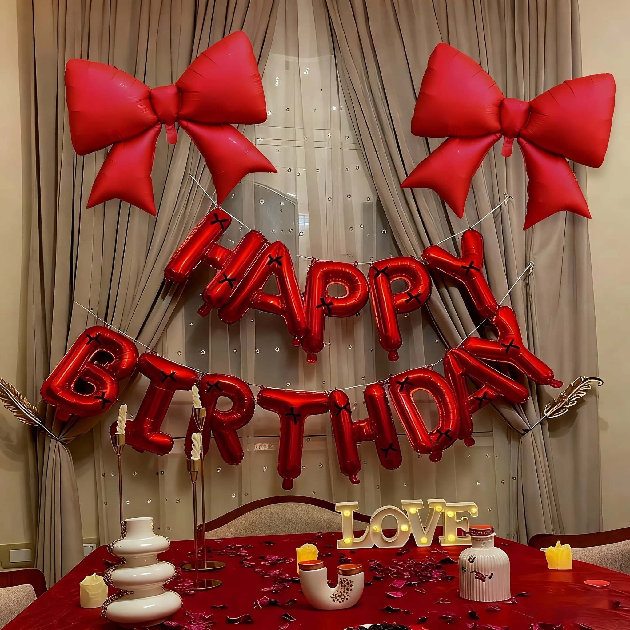 عيد ميلاد سعيد أحمر مع مجموعة بالونات ألومنيوم بفيونكة حمراء لتزيين حفلات أعياد الميلاد والمهرجانات والأنشطة الخارجية #1
