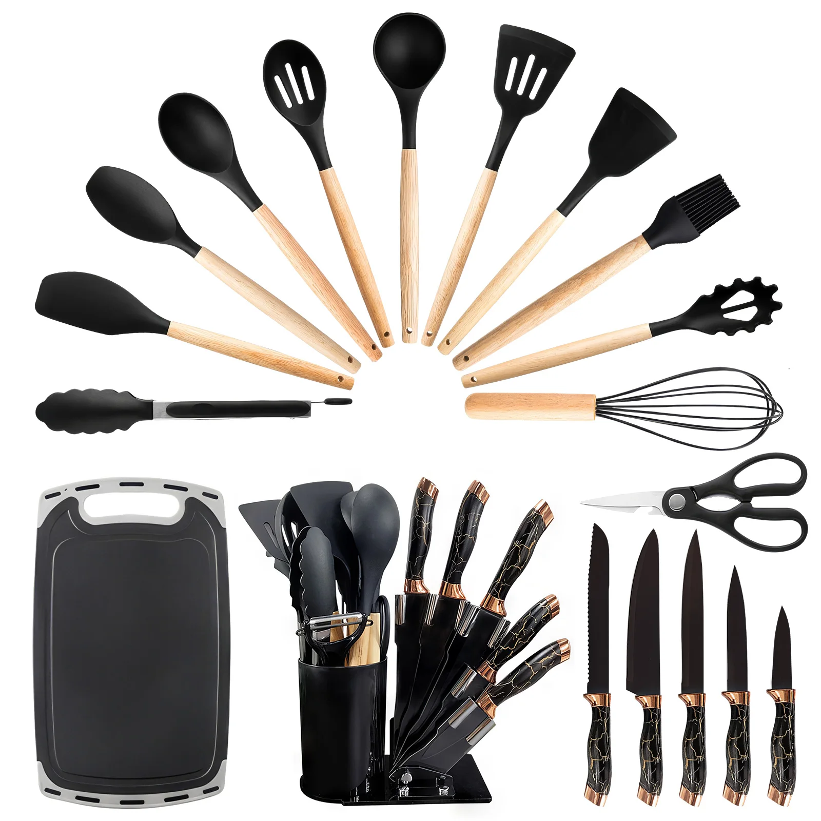 Silicone Cooking Utensils Set Turner Spatula Spoon Brush Whisk Knife Scissors Kitchen Utensil Gadgets Tools Set with Holder