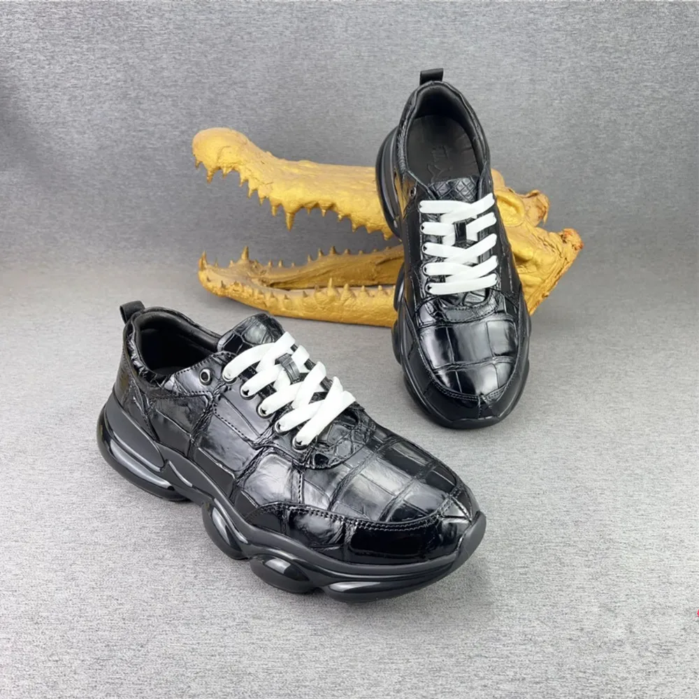 

Real crocodile leather black men's casual sneakers authentic crocodile air cushion shoes men's lace-up design soft flat sole