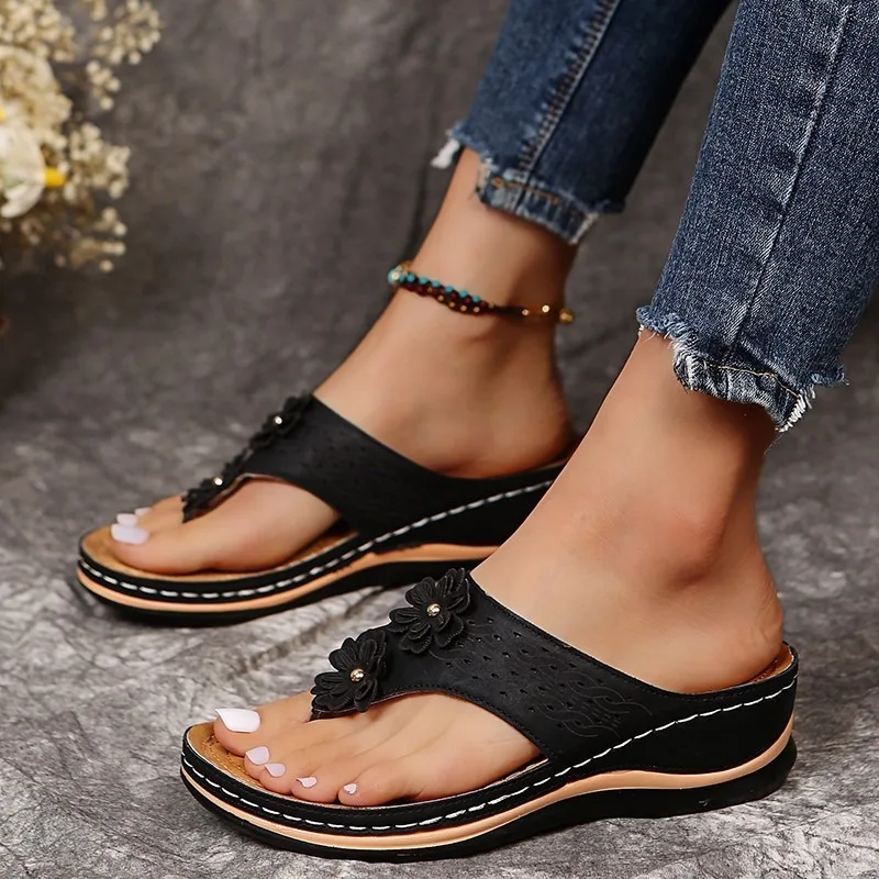 Women Slippers Outdoor Flip Flops 2024 Summer Beach Wedge Sandals Female Casual Flower Sandalias Non-slip Platform Walking Shoes