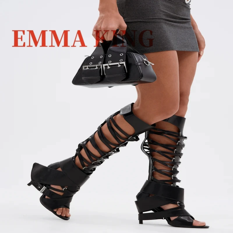 

Black PU Stiletto Gladiator Sandal Sexy Peep Toe Stiletto Cross Strap Sandals Sexy Party Nightclub Knee-High Shaft Women'S Shoes