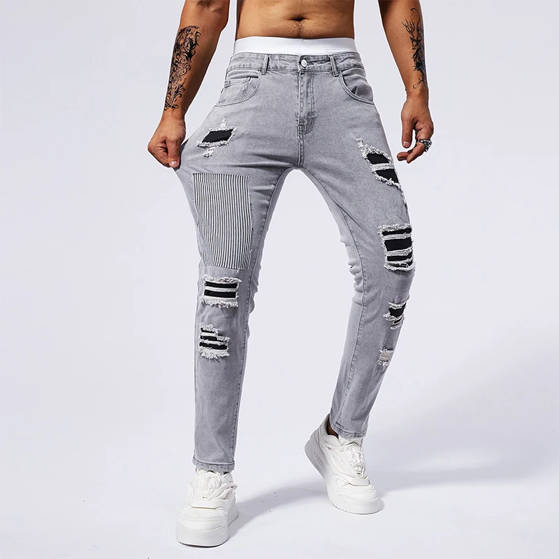 

Men's Jeans Man Pants Stretch Embroidery Ripped Fashion Vintage European American Style Cotton Denim Patchwork Elastic Tapered