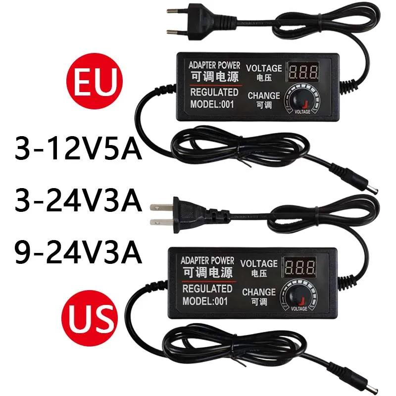 

Регулируемый адаптер питания от переменного тока до постоянного тока 3 В-12 В 5 А 3 В-24 В 9 В-24 В 3 А в ЕС/США Универсальный адаптер с регулируемым напряжением экрана дисплея
