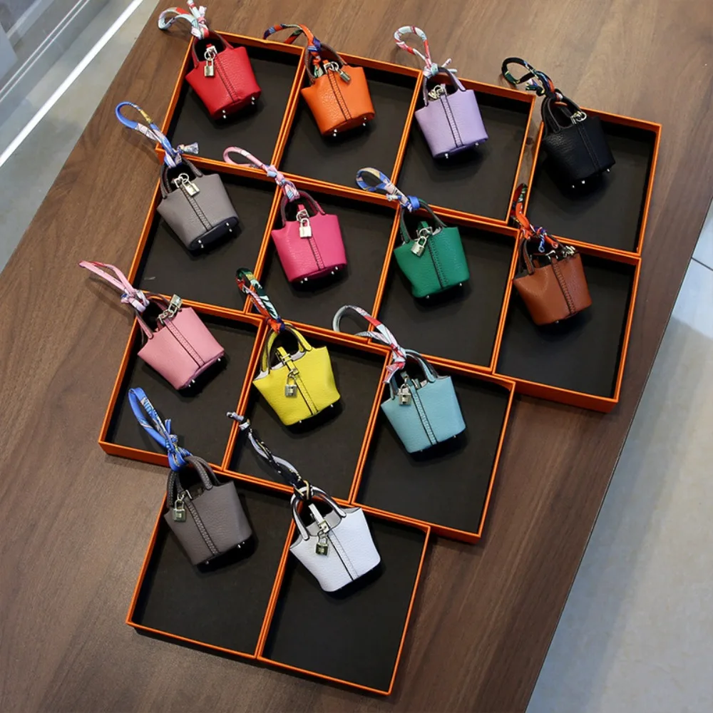 2026 New Mini Basket Leather Multi Color Women's Bag Pendant for Daily Lightweight and Compact Earphone Storage Bag Decoration