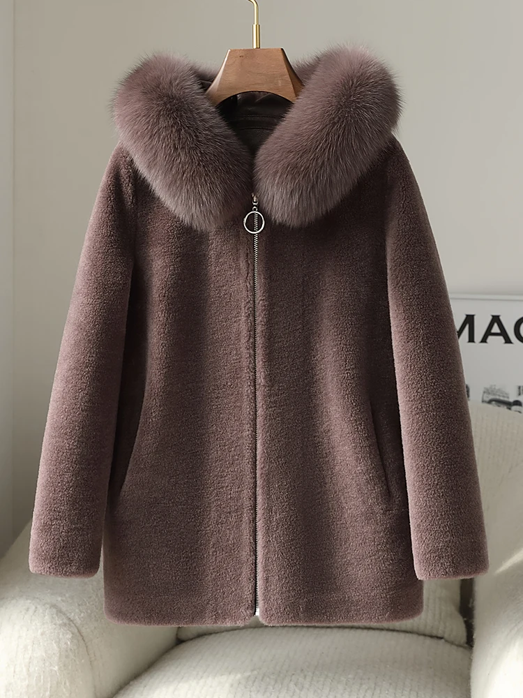 

Sheep cut velvet fur coat, fur integrated coat, female fur collar hood, middle-aged and elderly mother's oversized coat