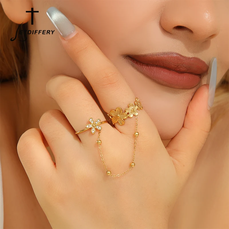 Letdiffery New Double-Finger Flower Rings for Women Stainless Steel Heart Butterly Zircon Charm Adjustable Open Rings Jewelry