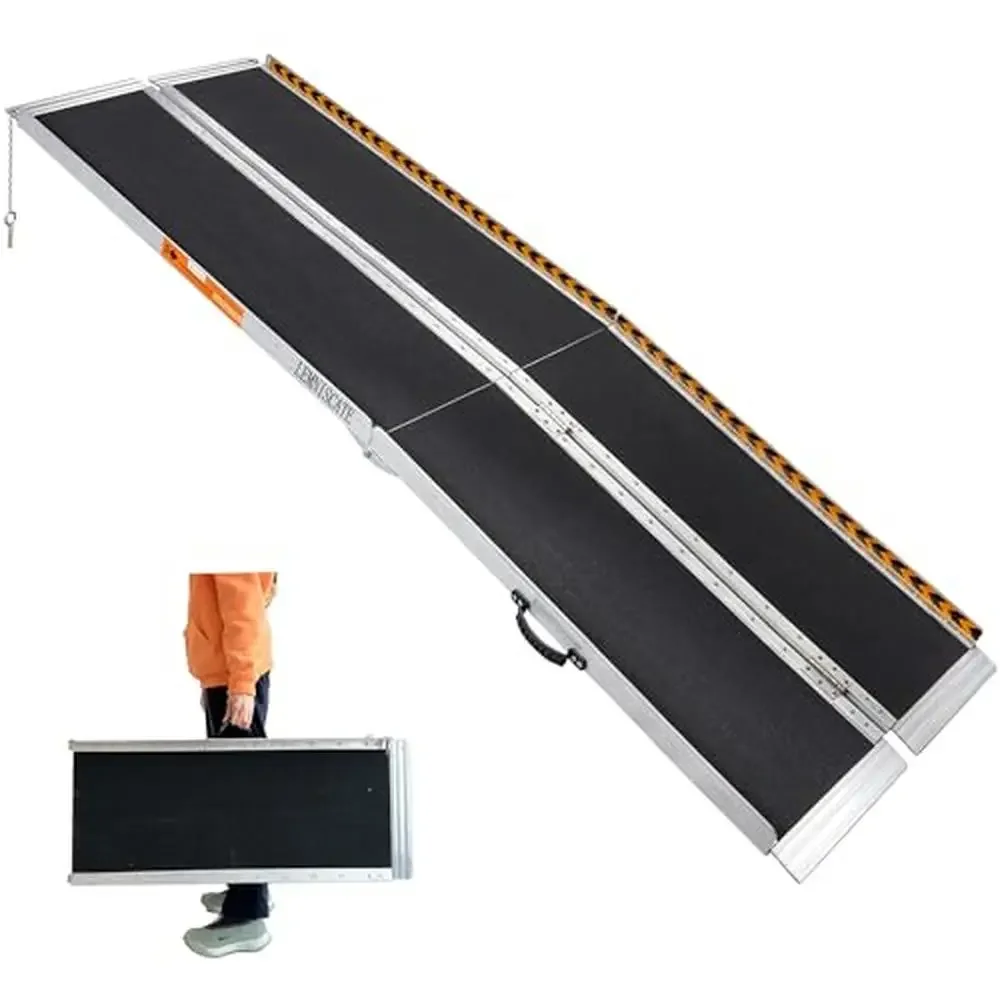 Ramp Portabel Aluminium 7FT untuk Kursi Roda, Pintu Rumah, Trotoar, Anti-Selip, Lipat, dengan Strip Reflektif dan Bantalan Anti-Selip, Kapasitas 800lbs