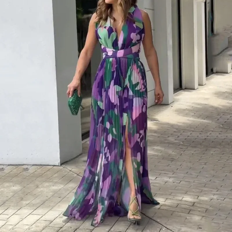 Women\'s Dress Sexy Deep V Neck Sleeveless Backless High Waist Split Long Dress Large Swing Fashion Elegant Party Dresses