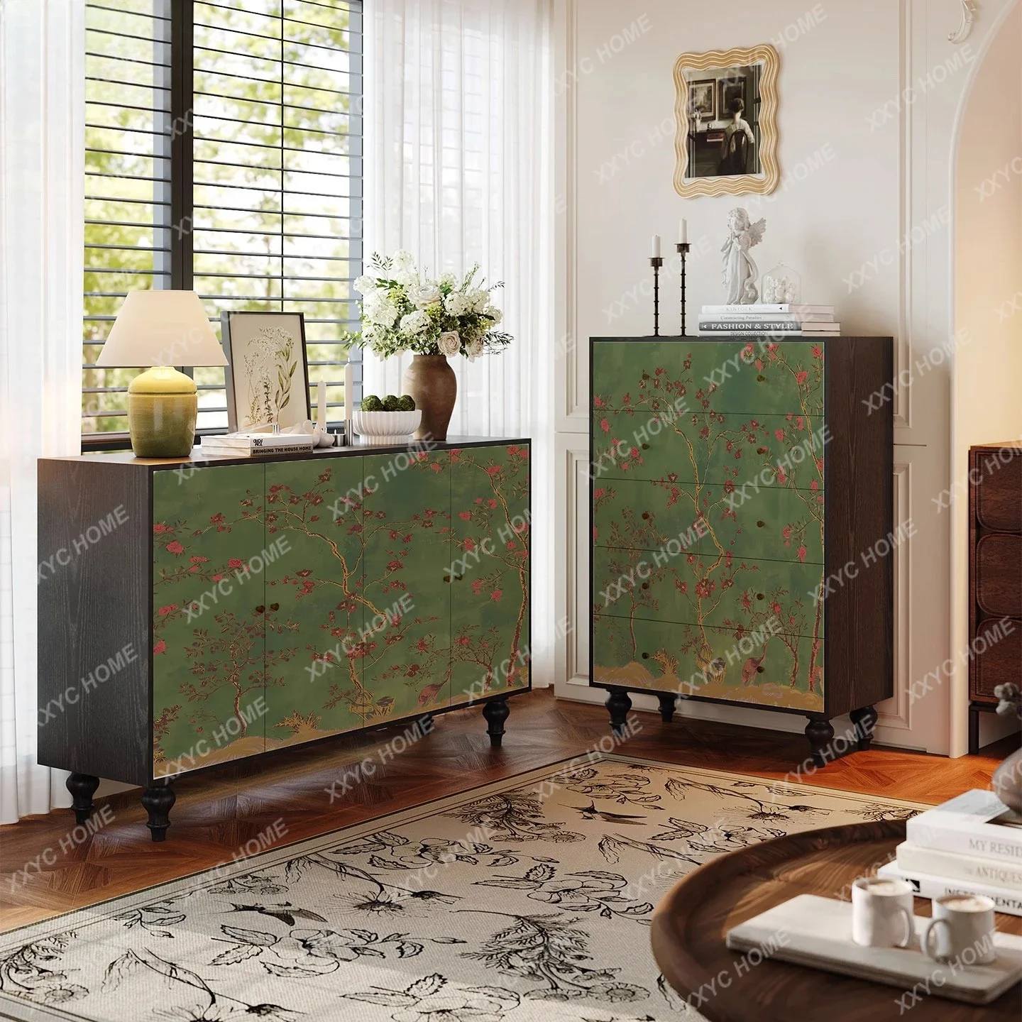 HHHHMedieval Style Black Gold Floral Pattern Chest Of Drawers Living Room Storage Cabinet