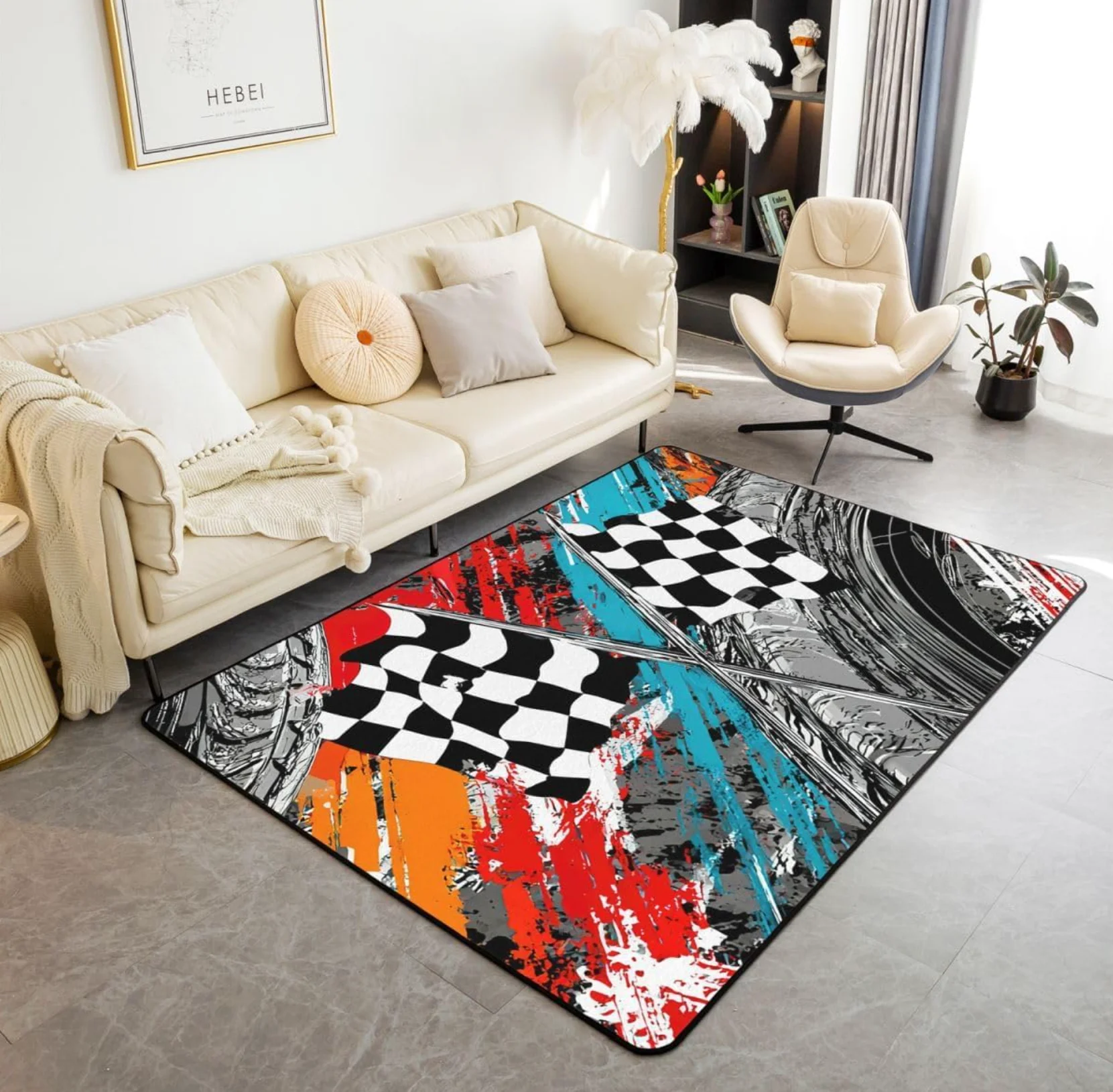 Racing Flag Area Rug Red Stripe and Checkered Pattern Motorsport Inspired Floor Carpet for Car Enthusiast Living Room Bedroom