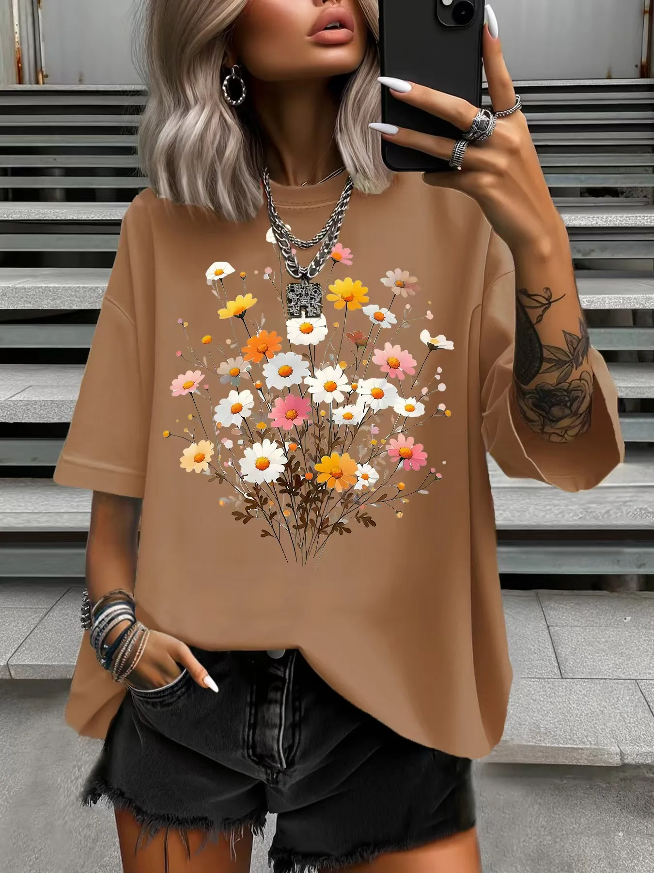 Summer Women's Plus Size T-Shirt Original Design Fashion Flowers And Plants Printed Women's Casual Round Neck Short Sleeved Tops