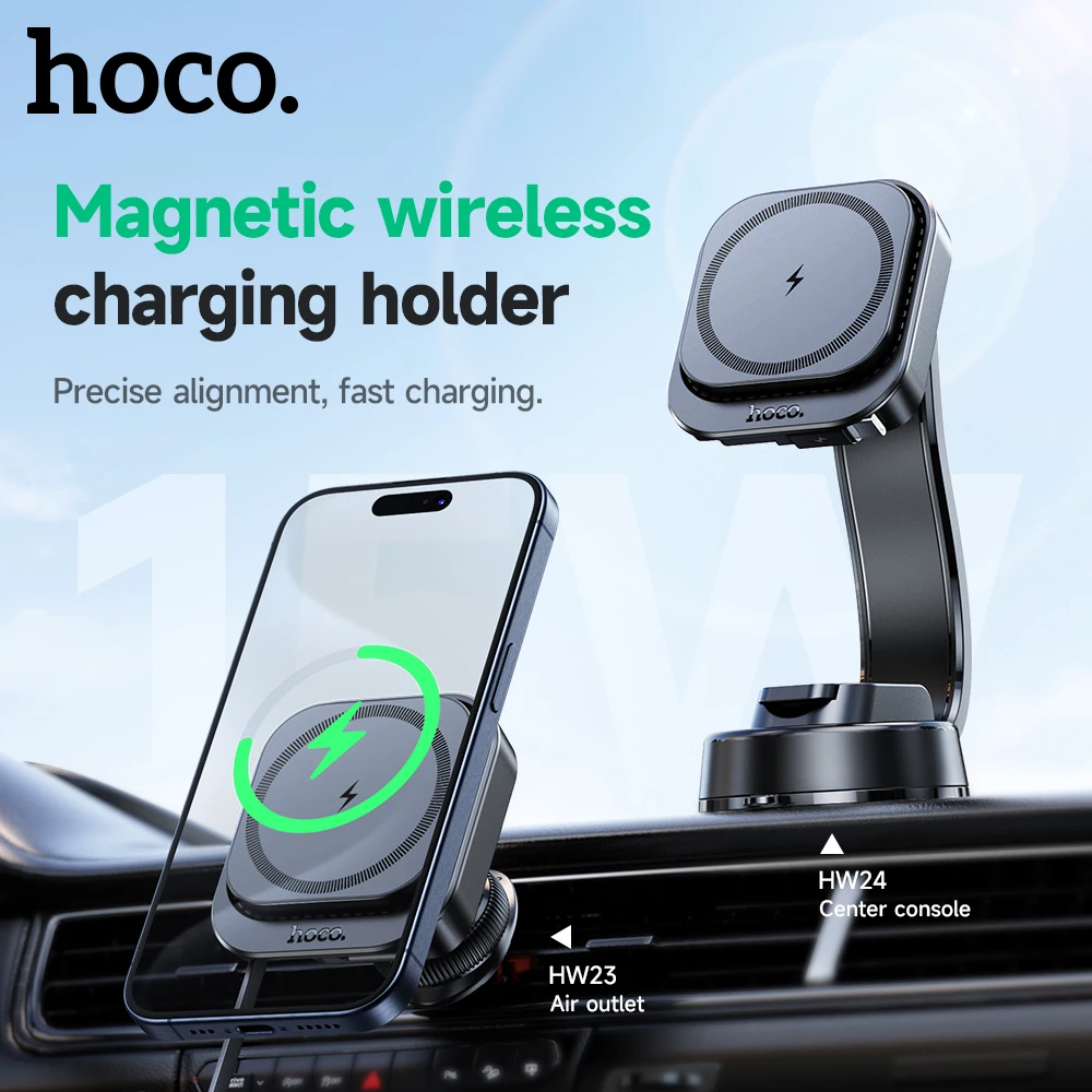 HOCO Might retractable magnetic Wireless Car Charger Mount for iPhone 15 14 15W Fast Charging center console air outlet Holder