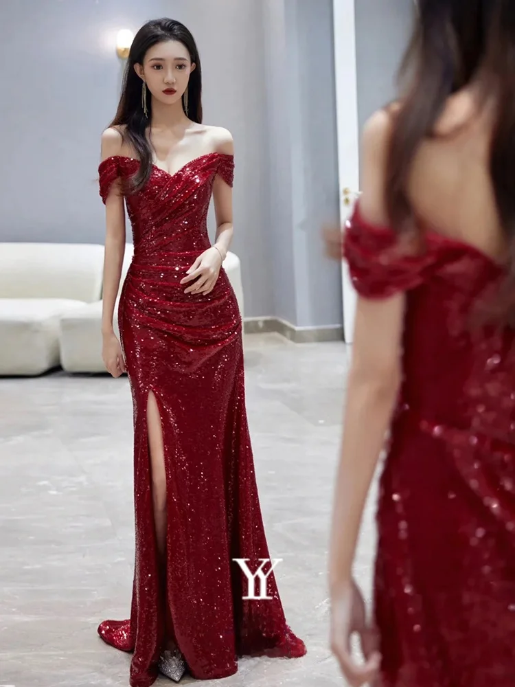 

Bride's Toasting Dr Sparkling New Red One-oulder Sequin Fi-Tail Wedding Engagement Evening Gown Korean Sle ort Sve