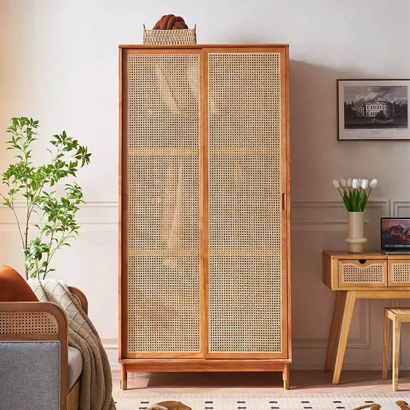 Wabi-sabi rattan-woven ash wood wardrobe household small double-door cabinet
