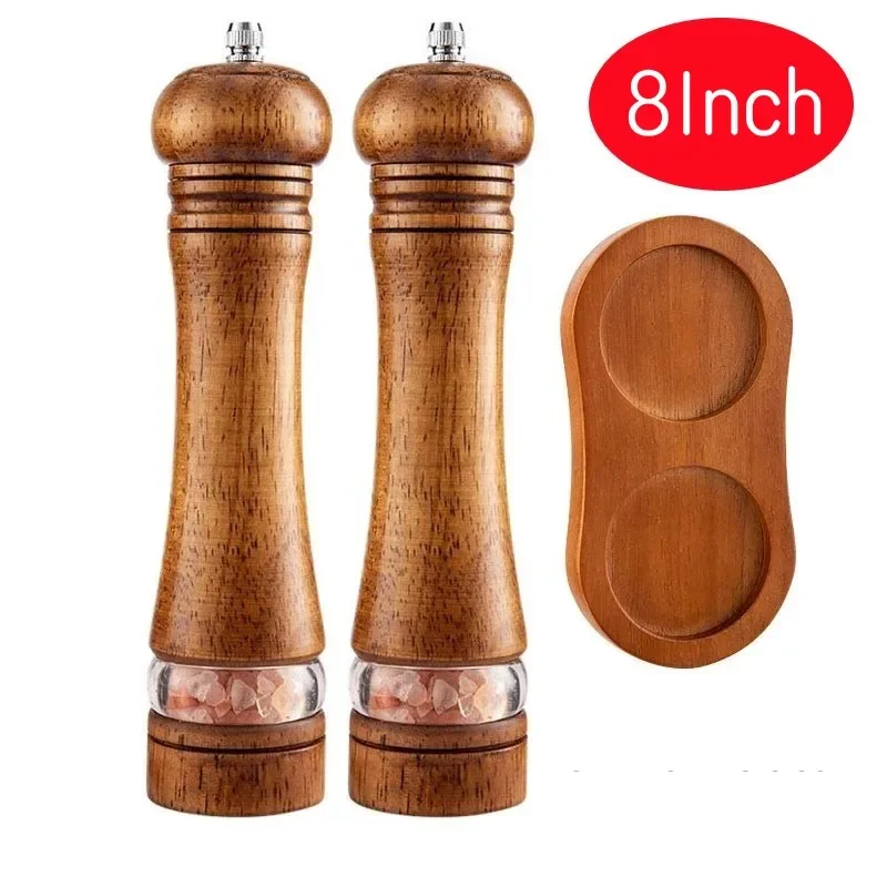Juegos de molinillo de sal y pimienta de madera de 8 ", molinillo Manual de sal marina para el hogar, molinos de especias, juegos de Base de molienda de pimienta negra