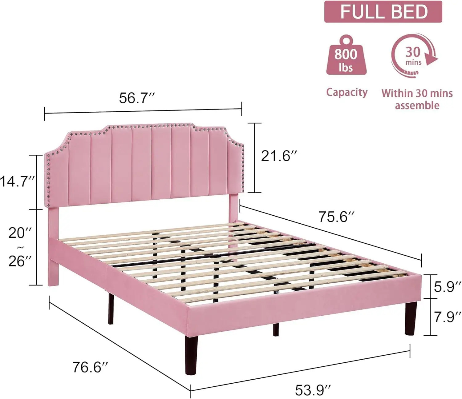 Full Size Upholstered Platform Bed Frame with Tufted Adjustable Headboard/Mattress Foundation/Wood Slat Support,Easy Assembly,Pi