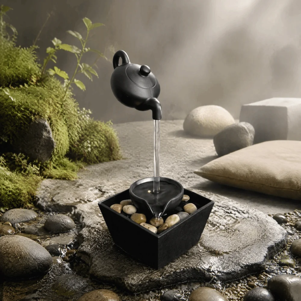 LED Light Floating Teapot Fountain Endless Water Flow Pebble Base Indoor Relaxation Fountain Small Size Resin Material