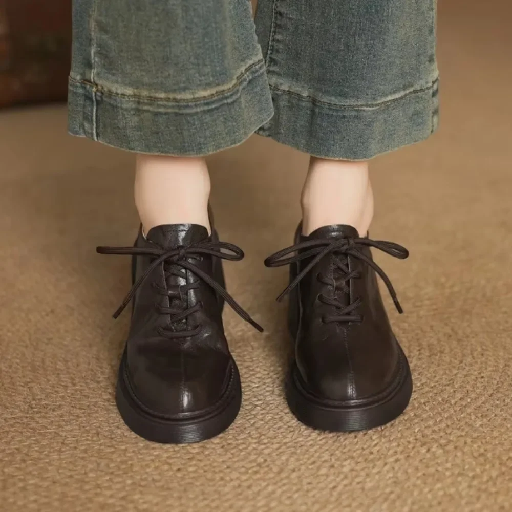 

35-40 Women Oxfords Women's Shoes Ladies Leather Female Round Toe Sewing Retro Comfortable Footwear Lolita Shoe Brown