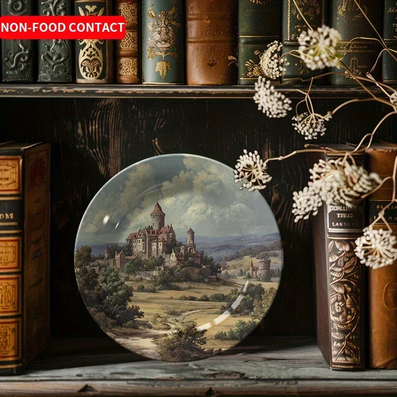 1pcEuropean Castle Landscape Ceramic Decorative Plate Hand-Painted Vintage River Trees Design Home Wall Art Display Non-Food