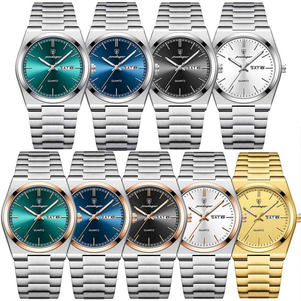POEDAGAR Fashion ساعات رجالية بسيطة الاتجاه الأصلي كوارتز ساعة للرجل مقاوم للماء الفولاذ المقاوم للصدأ ساعة اليد تاريخ مضيئة